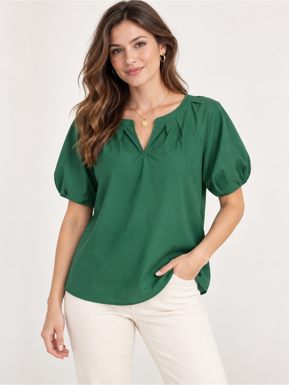 Talbots Emerald Green Puff-Sleeve Split-Neck Blouse